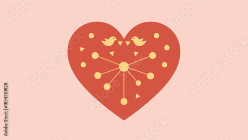 A minimalist illustration of love and connection featuring two birds on a large red heart