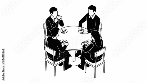 Four people sitting around a round table drinking coffee or tea.