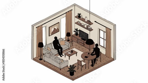 Isometric view of a cozy living room with people relaxing and socializing.