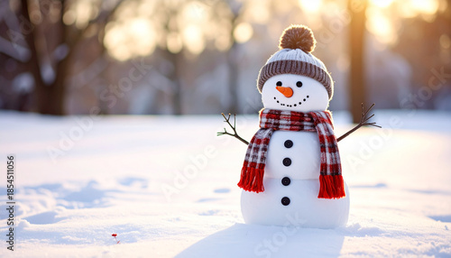 Cute snowman with wool hat and scarf on the snow in winter