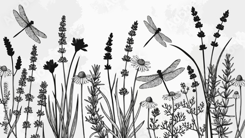 Black and White Dragonflies on Flowers.