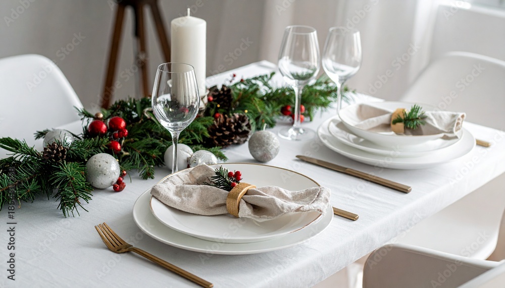 Fototapeta premium Minimalist festive table setup for New Year celebration, elegant style