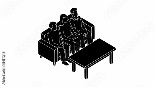 Three people sitting on a couch, observing a table from an isometric perspective.