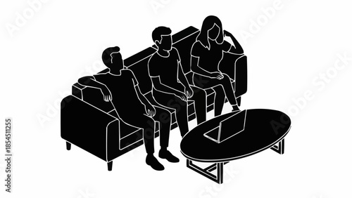 Three people relaxing on a couch with a laptop on a coffee table.