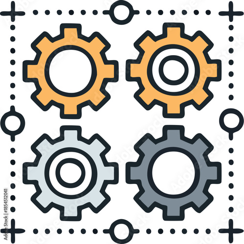 Vector graphic of four gears enclosed in a dotted interface, symbolizing intricate engineering processes, system development, customizable settings, and operational optimization solutions