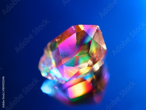 Vibrant crystal gemstone reflecting rainbow colors on blue background