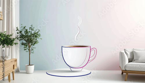 Elegant Cup of Coffee Illustration in a Minimalist Room Setting.