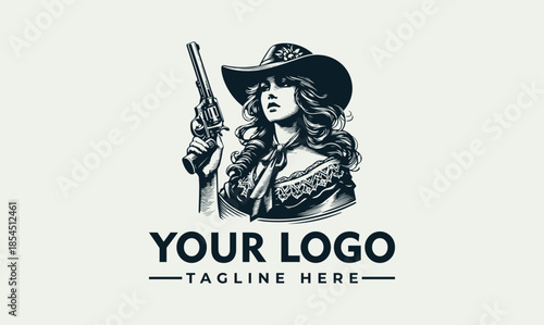 A vector logo design featuring a woman in a cowboy hat holding a gun against a clean background with space for a custom logo and tagline.
