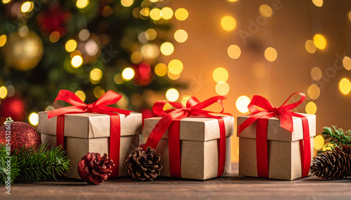 Gift boxes with red ribbon, background with bokeh lights and christmas tree decorations for the holiday season