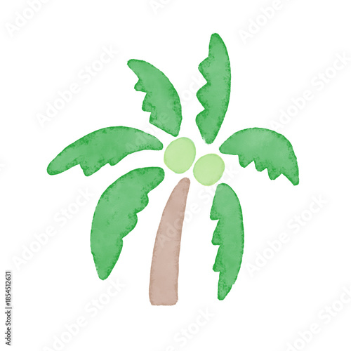 夏の手描き水彩イラスト。旅行やビーチ・リゾートのコンセプト。二つの実があるココヤシの木