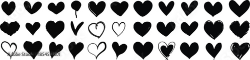 A set of black hearts with varying sizes and shapes. The hearts are drawn in a sketchy style, giving them a unique and artistic appearance