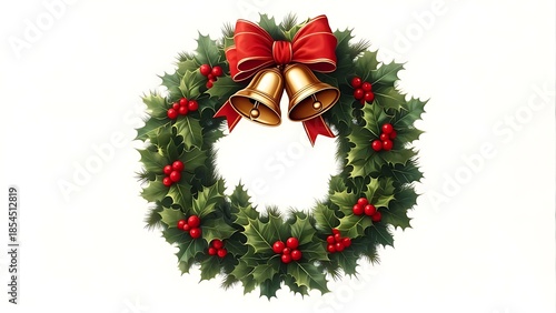 A vibrant Christmas wreath featuring holly leaves, red berries, and a festive red bow with golden bells, all on a clean white background
