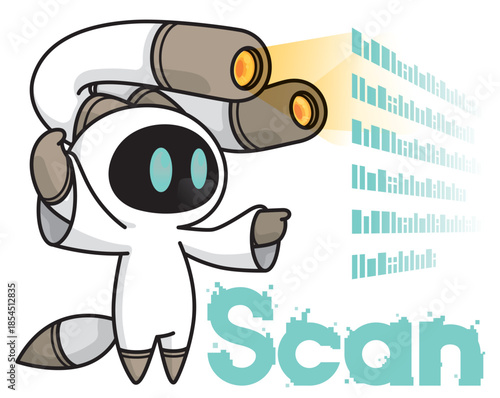 データスキャン中のかわいいAIロボットキャラクター