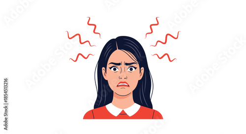 Angry or stressed young woman with furrowed brows and red zig zag lines around her head symbolizing headache.