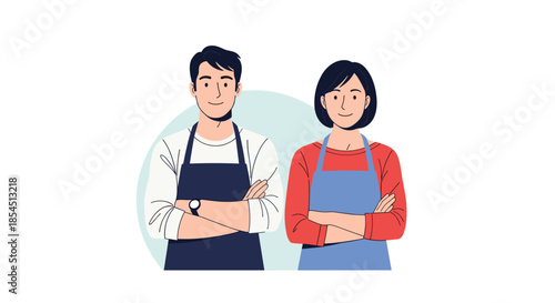 Professional man and woman wearing aprons standing with arms crossed in front of light blue circular background.