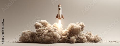 Rocket taking off from ground with smoke on light studio background, concept of success or victory in business  
