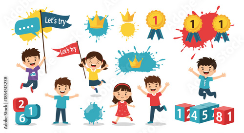Large collection of happy children characters jumping and playing with flags awards and educational toy blocks.