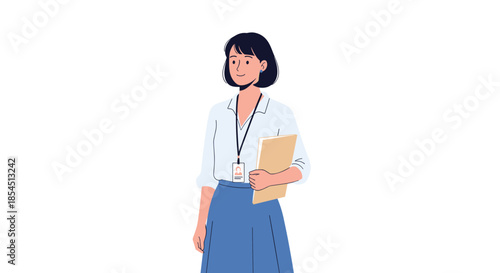 Professional female office worker wearing a blue skirt and ID badge holding a beige folder while standing on a white background.
