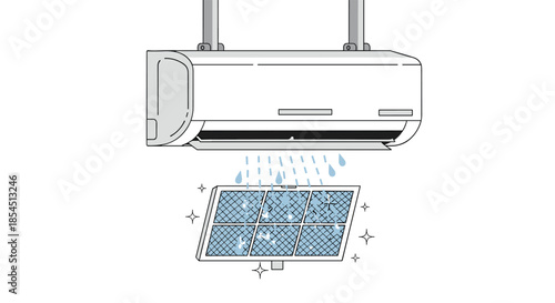 Interior air conditioning unit and detached filter being washed with water droplets for maintenance and cleaning.