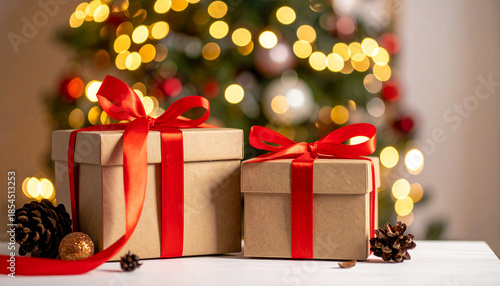 Gift boxes with red ribbon, background with bokeh lights and christmas tree; postcard for the winter holidays