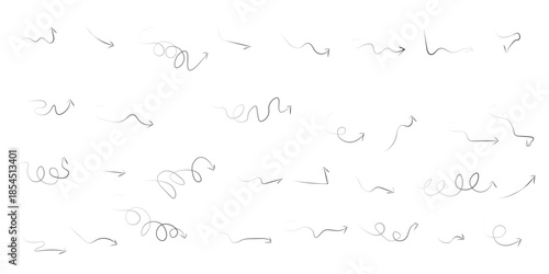 Set of gradient hand drawn grunge doodle spiral and curved charcoal, chalk arrows on white background.