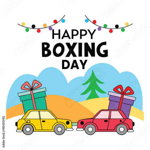 Two cartoon cars with gift boxes on in a snowy landscape with festive lights yellow gifts