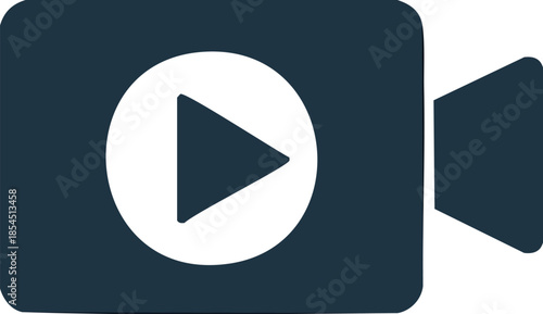Dark video camera icon with prominent play button, embodying the core concept of multimedia playback, digital content recording, and streaming capabilities