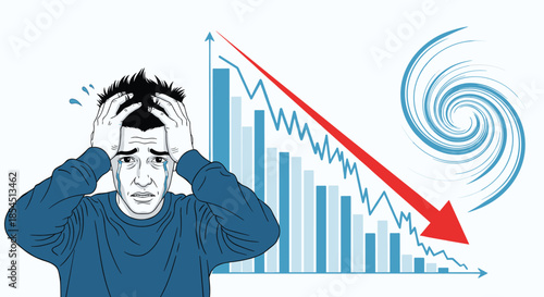 Desperate man crying with hands on head in front of falling financial bar chart and red arrow representing loss.