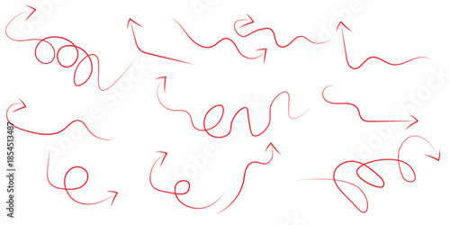 Hand drawn brush sketch red arrow line curve up, down shape chalk texture element set.