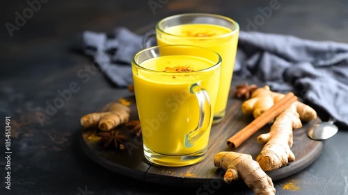 Two glasses of golden-colored beverage with spices arranged on a wooden serving tray.