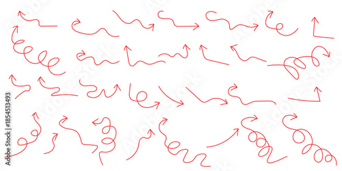 Hand drawn brush sketch red arrow line curve up, down shape chalk texture element set.