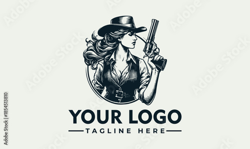 A vector logo illustration of a woman wearing a cowboy hat and holding a gun with a placeholder text for a company logo and tagline on a plain background.