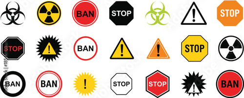 Collection of safety and warning icons, including stop signs, biohazard symbols, and radiation marks, isolated on white background