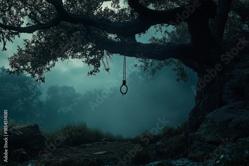 Gloomy forest scene with hanging noose.