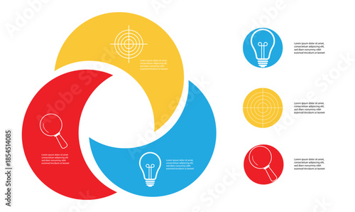 Three Circle Venn Diagram Infographic Template for Business Presentation and Process Concept.