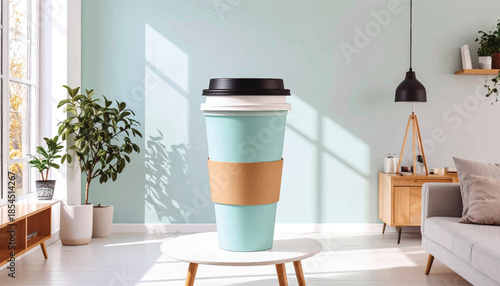 A Large Coffee Cup on a Table in a Bright Room.