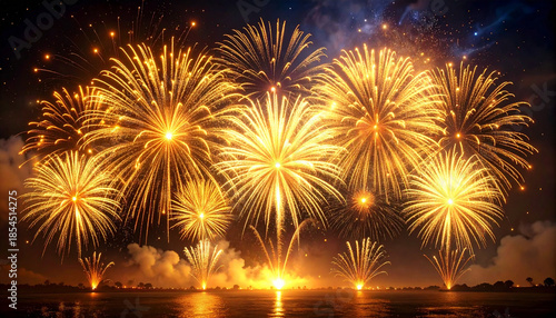 Golden firework fireworks pyrotechnics on dark night sky background, beautiful celebration event backdrop