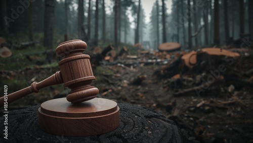 Judge Gavel Against Deforestation Symbolizing Environmental Law and Forest Protection