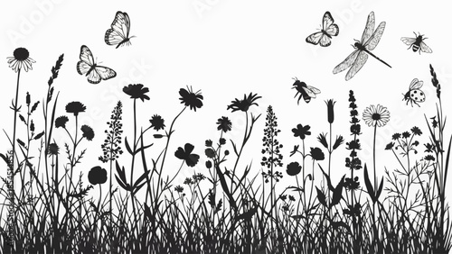Black and White Illustration of Insects and Flowers.