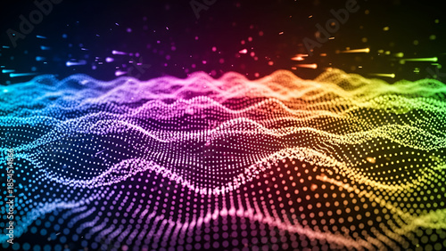 A dynamic digital wave pattern vibrant with rainbow hues representing data flows on a dark backdrop featuring light
