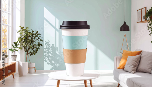 Giant Coffee Cup Sculpture in Modern Living Room.