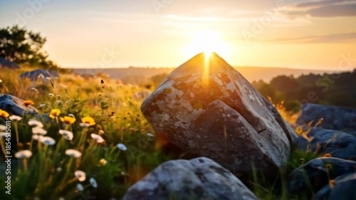 A stunning landscape showcasing large rocks, wildflowers, and a vibrant sunset, creating a serene environment.