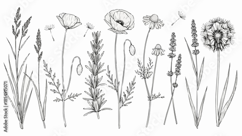 Hand Drawn Illustrations of Various Wildflowers.