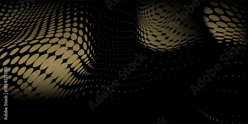 Flowing dot particles wave pattern 3D curve black and white gradient light isolated on black background. Vector in concept of technology, science, music.