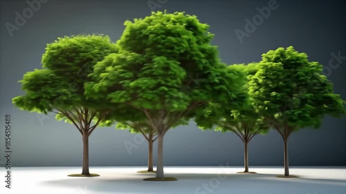 A cluster of vibrant green trees with brown trunks and lush foliage, creating a serene environment.
