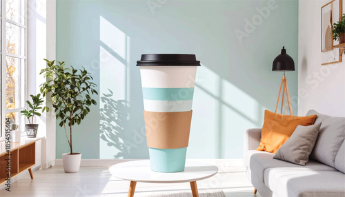 Oversized Coffee Cup on Table in Bright Living Room.