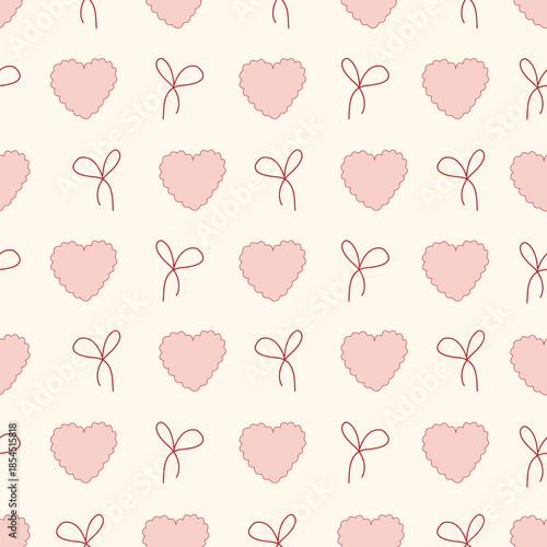 Minimalistic seamless pattern with pink hearts and red bows. Delicate romantic print for textiles and packaging.