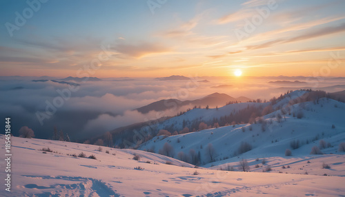 Snowy mountain landscape at sunrise with soft pink and blue sky and clouds winter