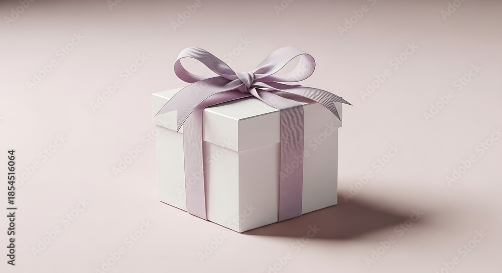 Fototapeta premium Elegant White Gift Box with Lavender Ribbon on a Soft Pink Background.