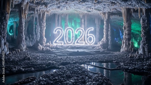 Glowing year 2026 inside icy cave filled with stalactites
